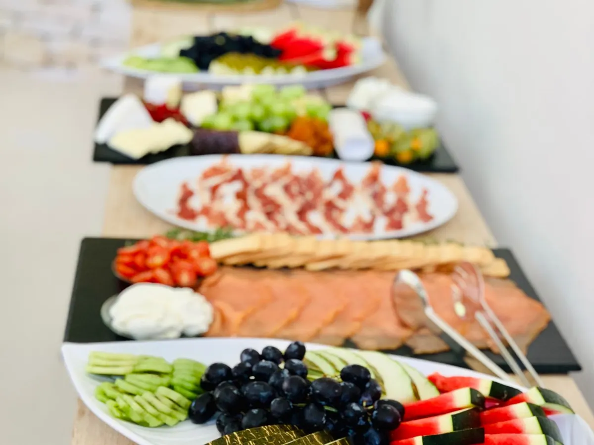 A chalet brunch spread of smoked salmon and fresh fruit