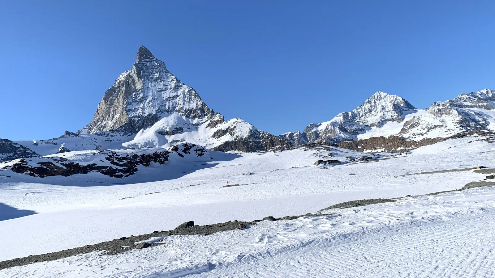 The Matterhorn above the Zermatt slopes on a clear day