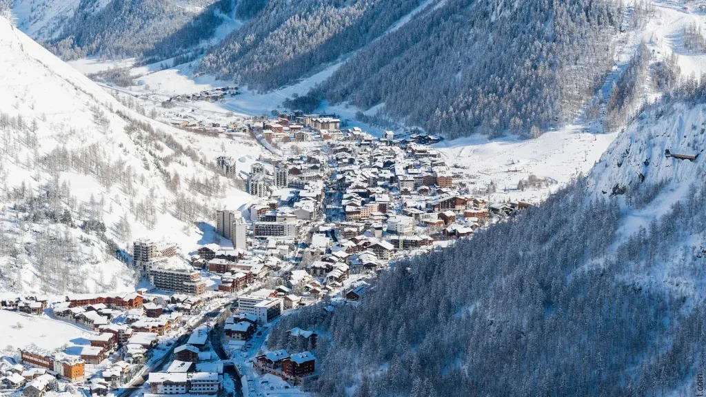 Val disere from above in the day time covered in snow